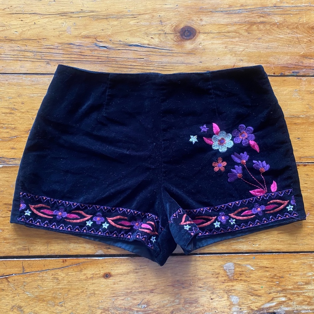Floral Embroidered Velvet Shorts, Boho Festival Wear, Size Medium or 30” Waist